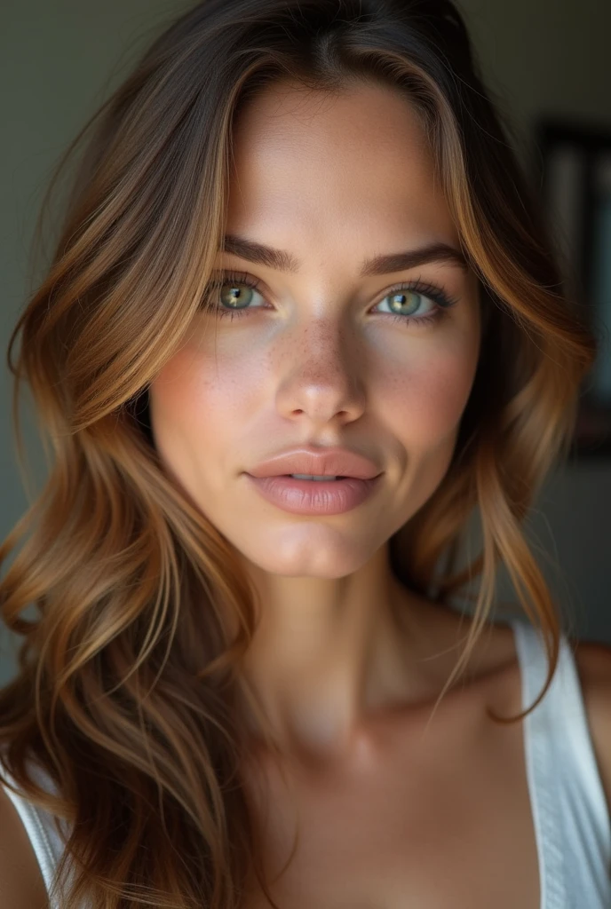 (high definition photography:1.6), maximum reality, pure realism, freckles on his face, Brown skin, Best Quality, professional portrait, ultra detailed, 8k, Professional lighting, F2.8, head shot, pretty girl, Beautiful, Perfect skin, (long light brown hair:1.3), very detailed brown eyes, detailed skin,