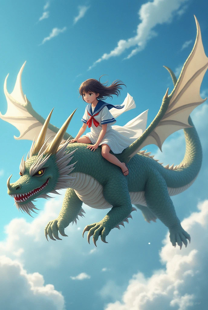 Girl riding a dragon Japanese dragon、Long horned dragon、Long Bearded Dragon、Long body dragon、The girl who controls the dragon、Sailor suit girl、Rising to the sky