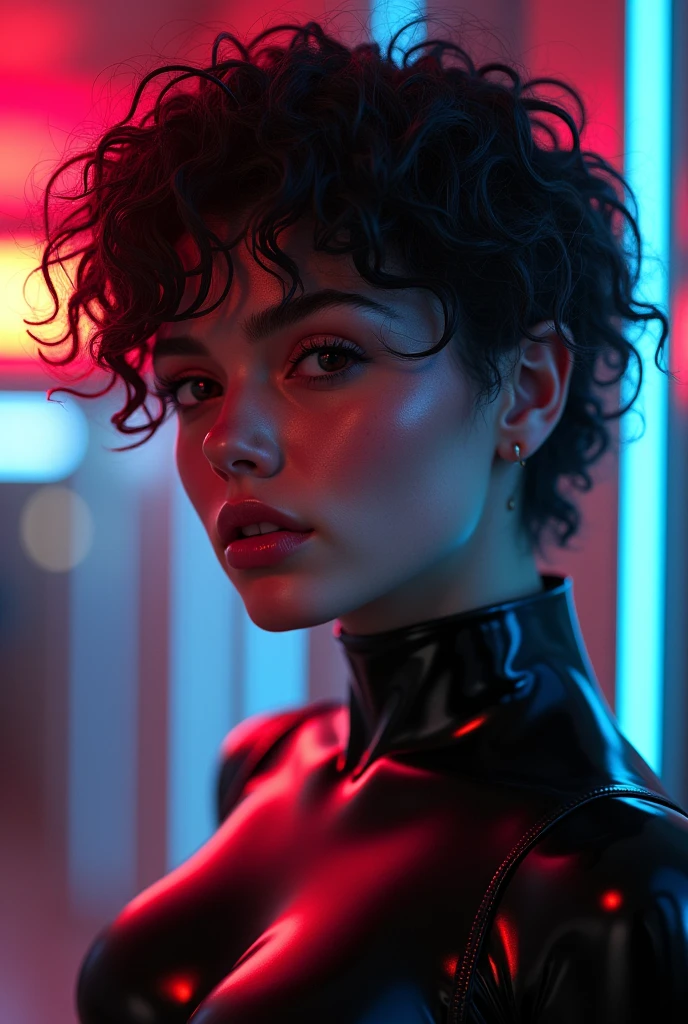 black man, man, feminine looking man, no breasts, young, naked, very curly hair, septum piercing, dimples, dominant expression, black latex bodysuit, neon lights, close-up, UHD, retina, masterpiece, accurate, anatomically correct, textured skin, super detail, high details, high quality, award winning, best quality, highres
