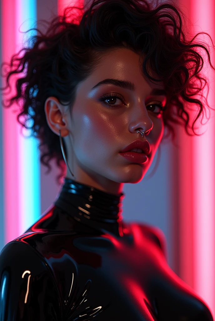 black man, man, feminine looking man, no breasts, young, naked, very curly hair, septum piercing, dimples, dominant expression, black latex bodysuit, neon lights, close-up, UHD, retina, masterpiece, accurate, anatomically correct, textured skin, super detail, high details, high quality, award winning, best quality, highres