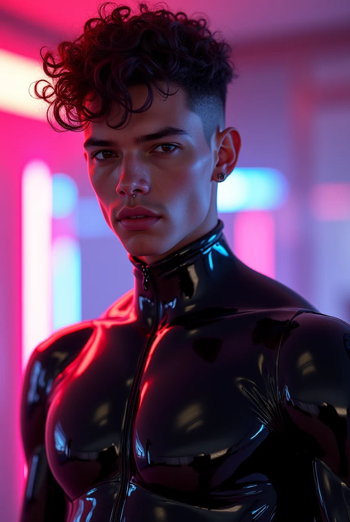 black man, man, feminine looking man, no breasts, young, naked, very curly hair, septum piercing, dimples, dominant expression, black latex bodysuit, neon lights, close-up, UHD, retina, masterpiece, accurate, anatomically correct, textured skin, super detail, high details, high quality, award winning, best quality, highres