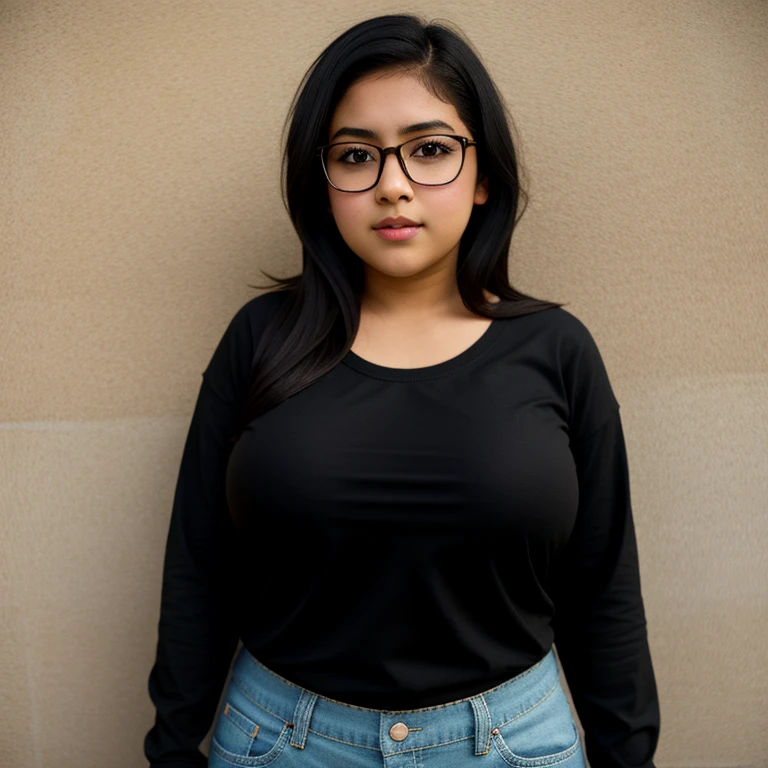 beautiful detailed, cute face, short, mexican teen, slightly chubby, medium black hair, black hair over one eye, glasses, long sleeve tucked in T-shirt, long pants, pearshaped wide hips, solo, voluptuous breasts,