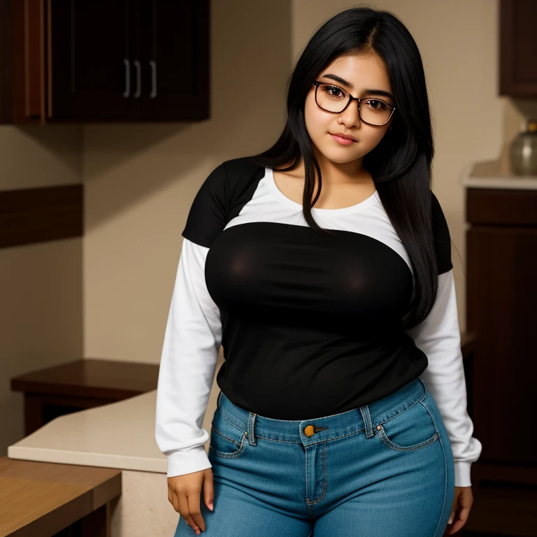 beautiful detailed, cute face, short, mexican , slightly chubby, medium black hair, black hair over one eye, glasses, long sleeve tucked in T-shirt, long pants, pearshaped wide hips, solo, voluptuous breasts,