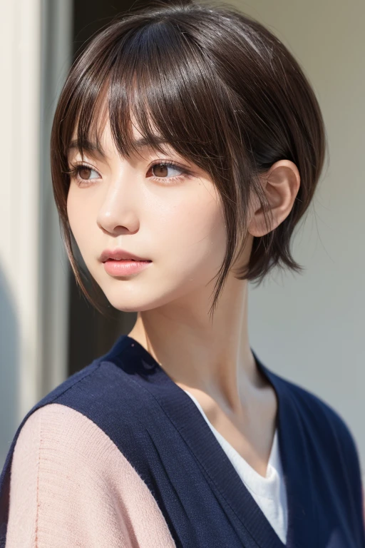 高品質in超リアルなポートレート。彼女は小さく繊細な顔立ちin、I have a slightly rounded face shape。Her expressive almond-shaped eyes have a gentle and warm gaze.、I have strong eyebrows。肌は無垢in透き通るような白さin、It has a natural shine。(Her hair is brown and pixie cut.:1.3)in、シンプルinエレガントに整えられています。メイクはナチュラルin、A light foundation and subtle blush、Uses a soft pink lip color。ライティングはソフトin自然な光を使用し、Accentuating facial features、Does not emphasize shadows。背景はシンプルinぼかしたグラデーションin、Focus on the face。