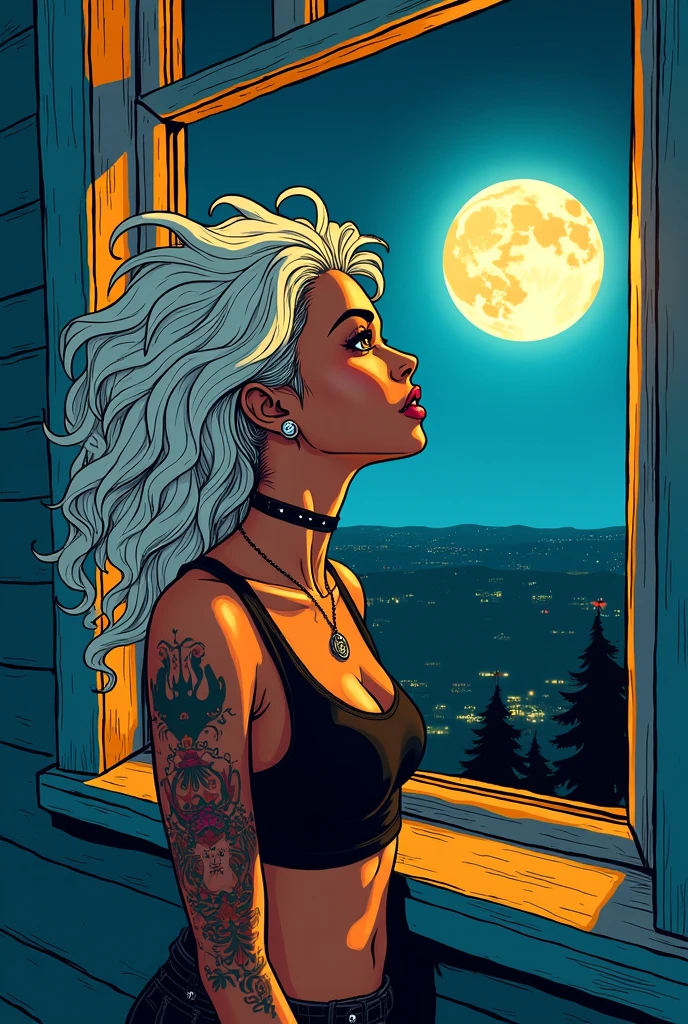 Painel Comic Marvel: A woman with tanned skin, long curly white hair, few tattoos, piercings no rosto e no umbigo, gold eyes, wearing punk style clothes, with her wearing a black top. Sitting in a Window Looking at the Moon.