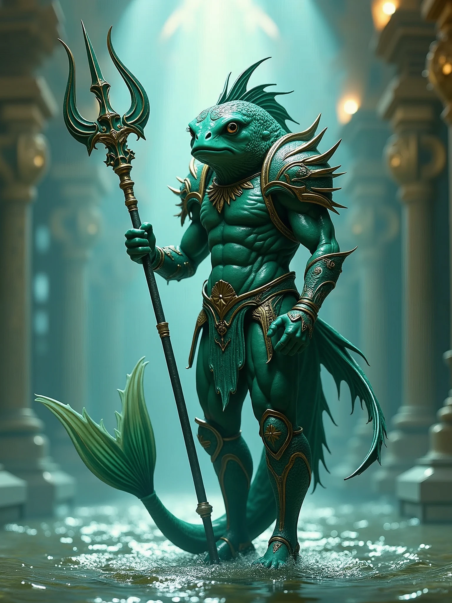 A highly detailed and intricate biped fish man in aqua green armor, wielding a trident, with a large fish tail, in an aquatic palace setting, (best quality,4k,8k,highres,masterpiece:1.2),ultra-detailed,(realistic,photorealistic,photo-realistic:1.37),extremely detailed eyes and face,beautiful detailed eyes,beautiful detailed lips,longeyelashes,concept art,digital painting,vibrant colors,dramatic lighting,cinematic composition