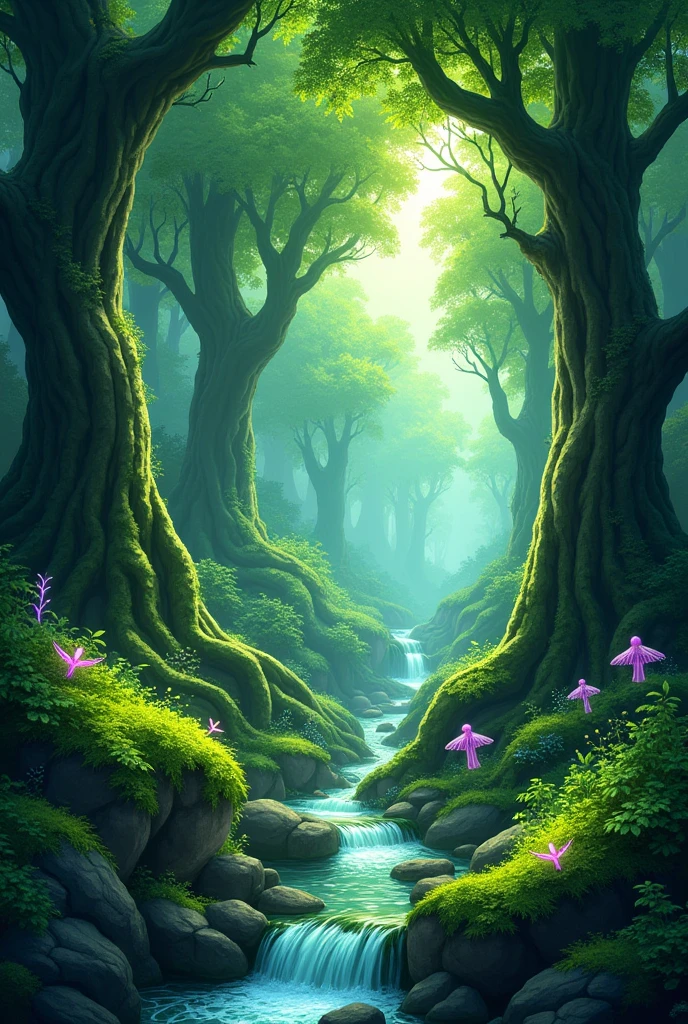 "Generate a highly detailed and immersive illustration of a mystical green forest, perfect for a gaming home screen. The scene should feature towering ancient trees with lush, vibrant green foliage and intricate, twisting roots. Include patches of bioluminescent plants and fungi that emit a soft, otherworldly glow. Sunlight should pierce through the dense canopy, creating dramatic shafts of light and shadow. Add elements like a hidden waterfall cascading into a crystal-clear stream, moss-covered rocks, and a hint of magical creatures or artifacts subtly integrated into the background. The overall vibe should be enchanting and adventurous, evoking the excitement of a fantasy game world."