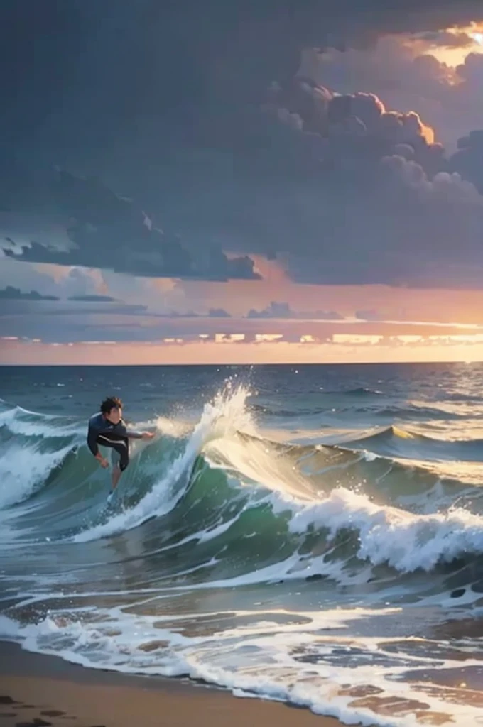 an image of a young man on a beach with strong waves and a stormy sky, at dusk. The man must have dark skin, short black hair, brown eyes, and be dressed in a surfer outfit. He must be watching the sea with a brave expression. Use 8k resolution, with dramatic realism rendering style. The atmosphere must convey challenge and strength. The face must be detailed, with lots of details.