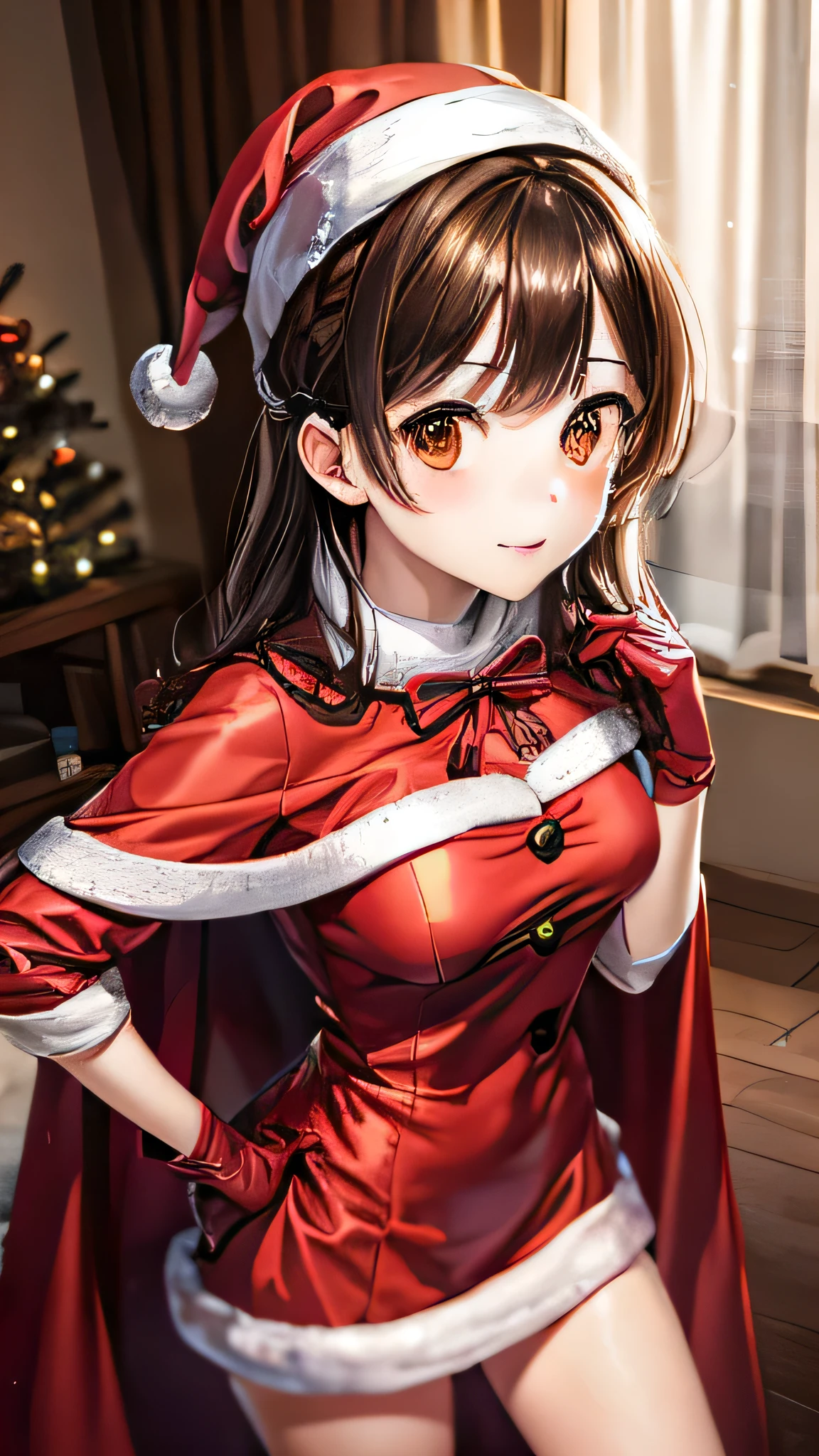 Sayuogiwara, Sayu Ogiwara, Next to the chestnuts, (Brown eyes:1.5), Medium Hair,High quality anime girl with brown hair and brown eyes.、[3Dimage:1.25],[[Attractive eyes,Detailed Eyes、Shining Eyes, Colorful eyes:1.1]],Absolute References、Cowboy Shot,(Thin fingers:1.1)、Place one hand on hip、Front view、Cute anime illustrations、8Ｋimage、A girl who is cute no matter who you look at.、Inside the room、cute red and white dress、High resolution、Sharp focus、hair band、gloves、Christmas、Red Cape、Santa hat、Dresses in Christmas colors