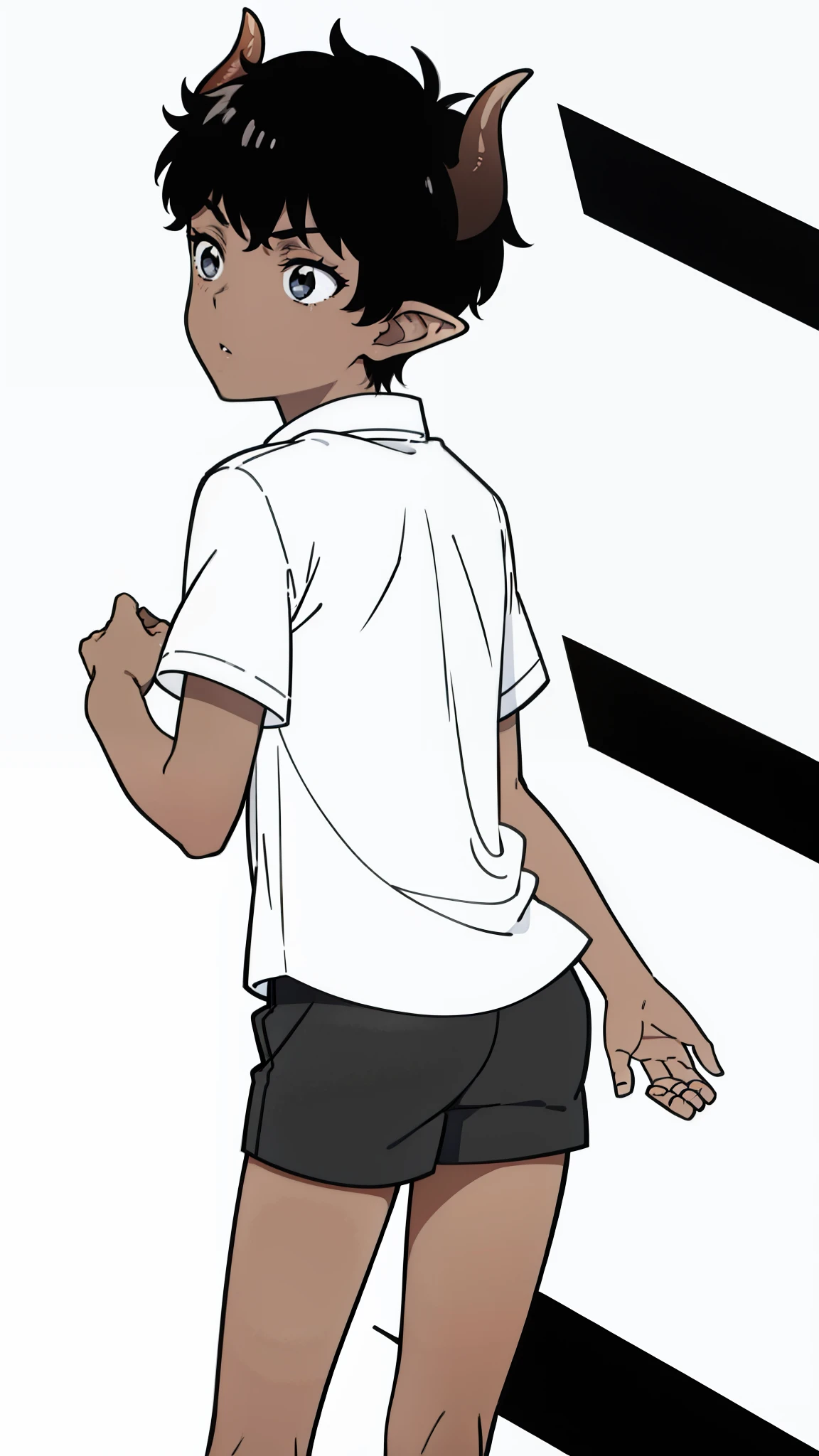 (1boy,8 years old,solo,kid),((dark skin)),((white shirt,short sleeves,black shorts)),Short hair,black hair,elf ears,(horns),(white background,line drawing),((from back,backwards)),walking,parted lips,scared