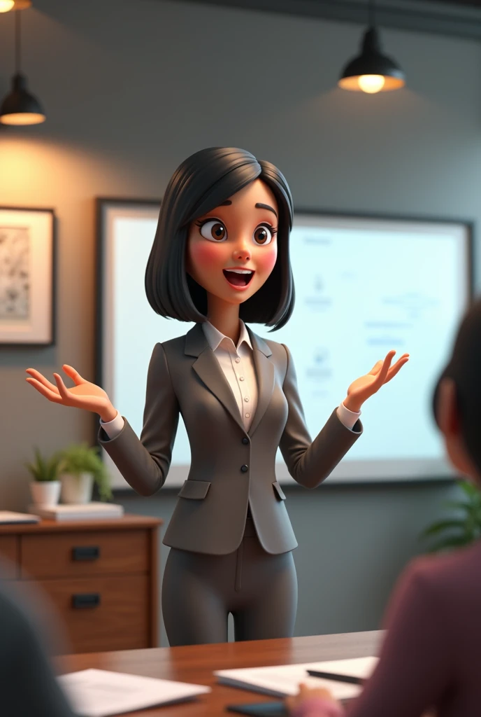 3d cartoon of a woman in an office wearing business clothes, straight black hair and black eyes giving a presentation