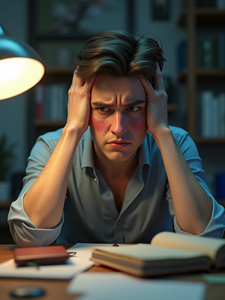 Person Experiencing Stress Symptoms: A hyper-realistic 3D render of a person with visible signs of stress: sweaty armpits, tired eyes, and a bloated face. The person looks exhausted and frustrated, sitting at a desk with a messy environment, representing mental fog and high cortisol levels. 9:16 ratio