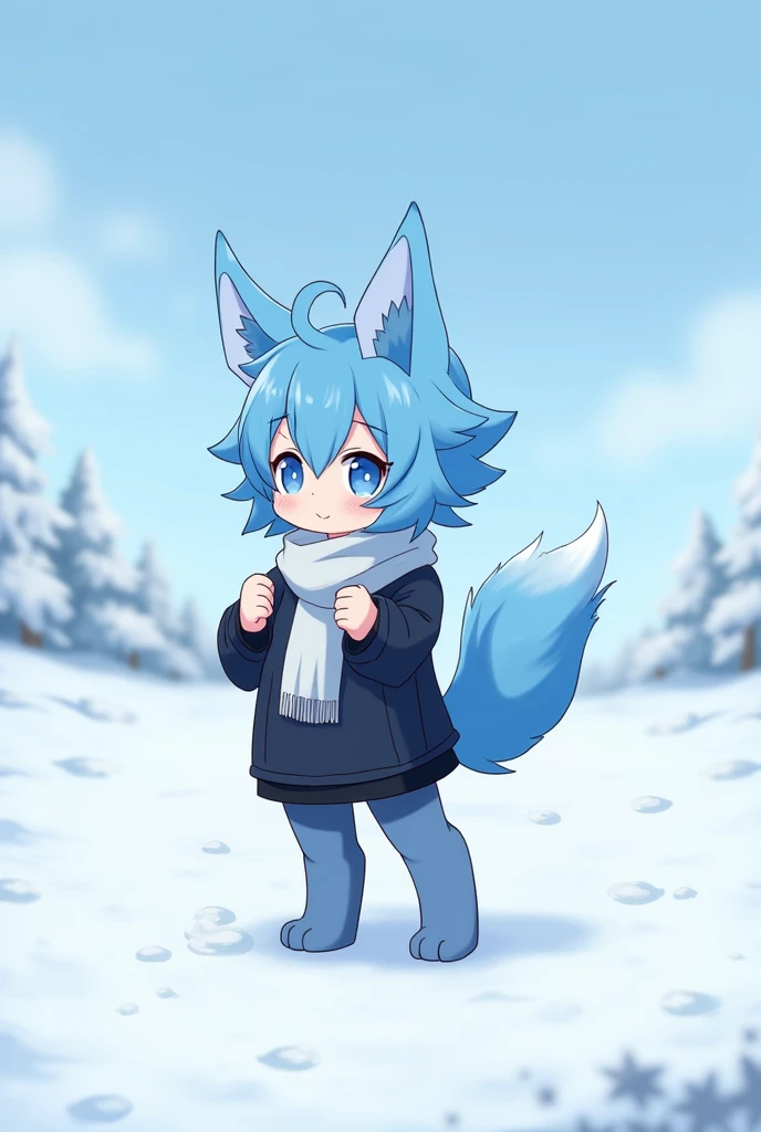 anime,Change, ,Whole body, by the wide, blue fur, blue eyes, black and white clothes, small stature snowy place background