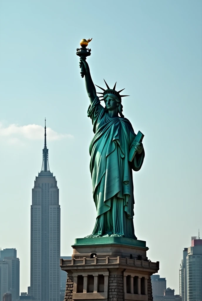 statue of liberty in new york city with empire building in background, statue of the perfect woman, statue of a perfect woman, inspired by David LaChapelle, Statue of Liberty sitdown pose, baroque vaporwave statue, by Derek Zabrocki, representing liberty, new york scenery, posing like a statue, statue of liberty, the statue of liberty, by glen angus