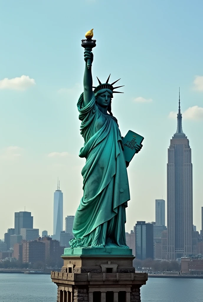 statue of liberty in new york city with empire building in background, statue of the perfect woman, statue of a perfect woman, inspired by David LaChapelle, Statue of Liberty sitdown pose, baroque vaporwave statue, by Derek Zabrocki, representing liberty, new york scenery, posing like a statue, statue of liberty, the statue of liberty, by glen angus