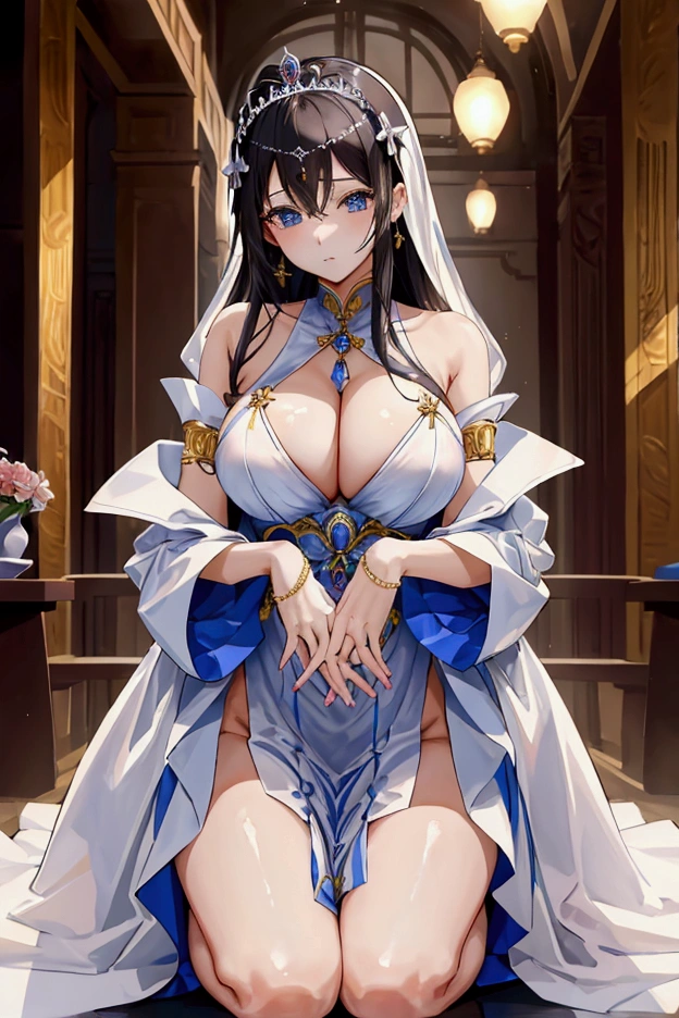 Highest quality, masterpiece, Ultra-high resolution, female、Big Breasts、princess、実はふしだらなfemale、Clean-cut features、dress、tiara、dressのしたに固定バイブが装着されている、I am holding back sexual desire、A crowded hall、My body starts to heat up、Place hands on crotch、forward leaning posture