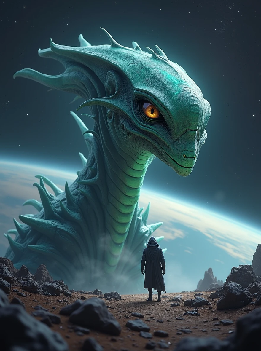 An alien creature from a galaxy far, far away,Demonstrates impressive supernatural abilities,This entity is shrouded in an aura of mystery and power.,Radiating dazzling energy and distinctly non-human features。Its sharp eyes look down upon the earth,Absorb the complexity of human culture and life。This scene is set against the backdrop of a vast, dark universe and mysterious alien structures.,The dark background further highlights the strangeness and huge size of the alien creatures.,The tiny earth is illuminated,Showing its beauty and diversity,This alien is unlike any life form on Earth,Standing in front of a large Zerg-style spaceship,This spaceship is StarCraft style,Alien beauty,The edges are uneven,Unique structure,As if there is life