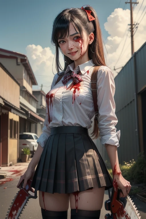 Cinematic style image ((4K quality)), ((masterpiece)), ((ultra realism 1.3)), (( 1 girl)), Japanese sexy girl (stained with blood all over her body) dressed as a schoolgirl, (with a short skirt with a gray and red checkered design 1.2), with a white button-down shirt with a black bow on the collar, with long black stockings, ((holding in his hands a blood-stained chainsaw)), his face with an expression of joy with a macabre smile, looking at the camera in an alley (with Asian infrastructure), and the cloudy sky