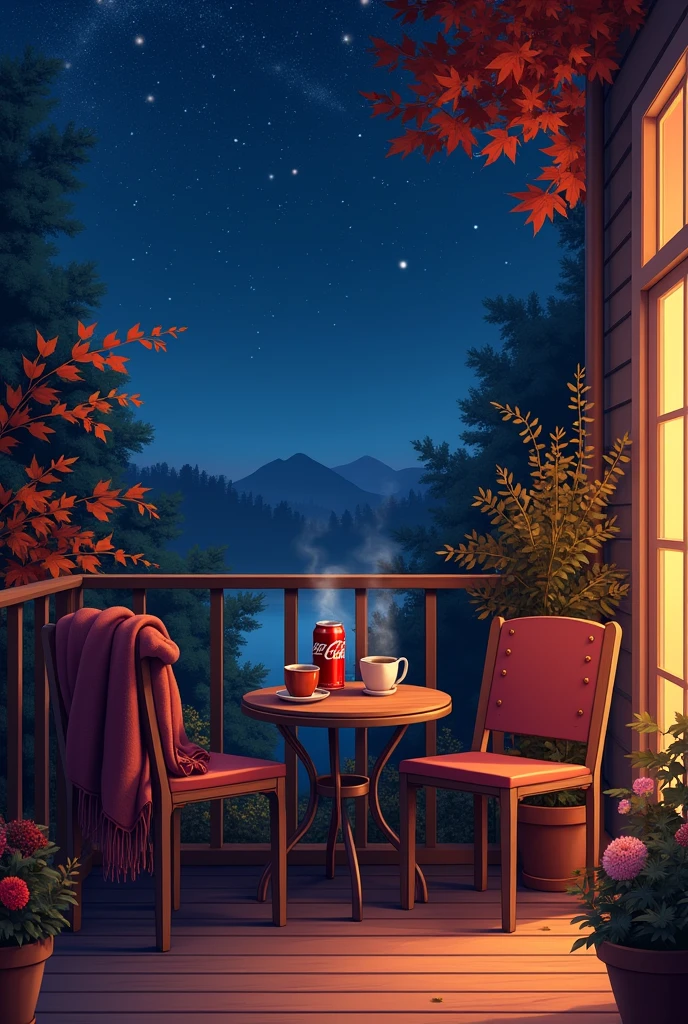 Make a picture of a balcony, along with a coffee and a Coca-Cola, on a starry night. The table has two chairs and the environment is comfortable., conveying a sense of passion with autumn hues, Not anime art style. It looks like two people who love each other just left there.