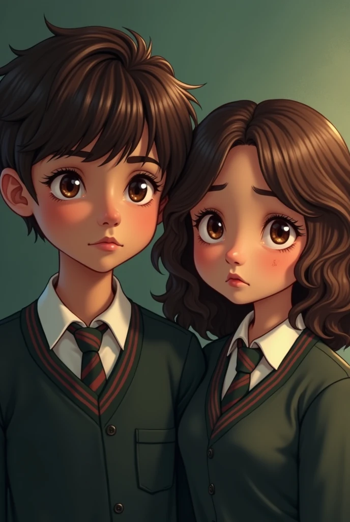 create an image of a boy with straight brown hair, brown eyes like the boy from Chiquititas and a girl with curly brown hair of average height with dark eyes and light brown skin, they are 11 years old and must be CRYING WITH SADNESS and the boy also has a boarding school uniform 

