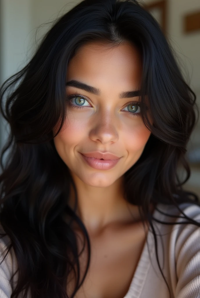 work of art, best qualityer),face perfect, beautiful face, black wavy hair ,selfie of a beautiful young woman, taken with iphone camera
