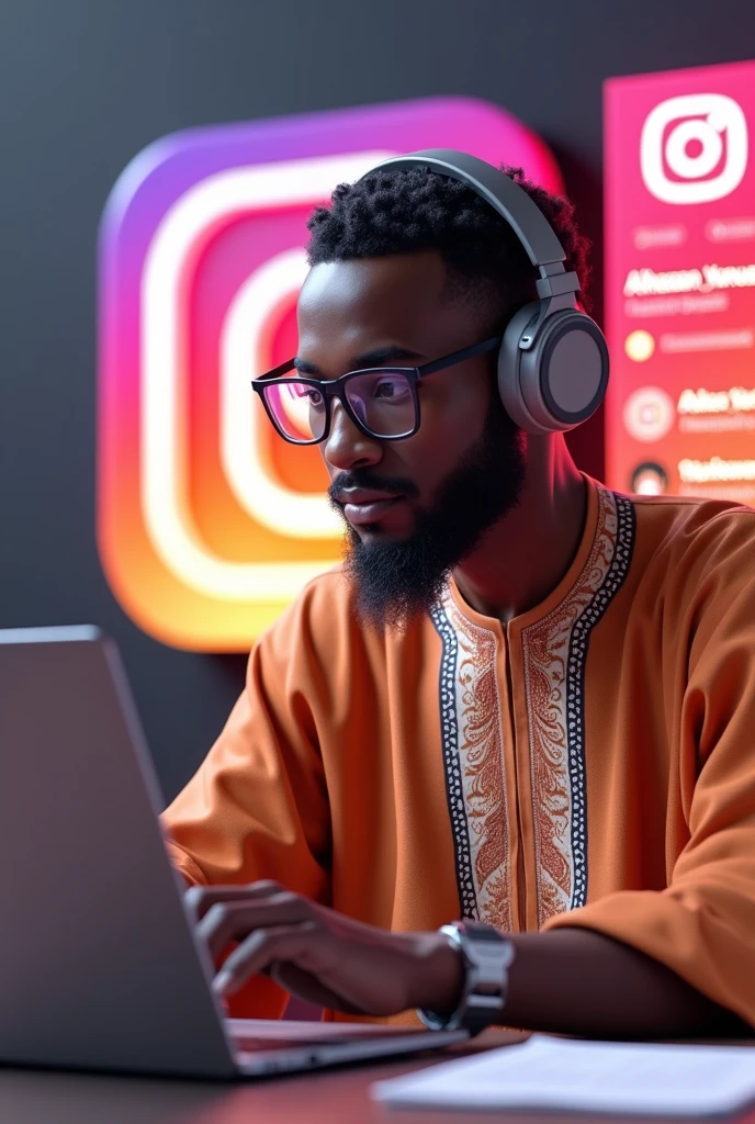 create a 3D illustration featuring a realistic man 30- years -old beautiful bearded boy busy developing software on a chair Infront of a 3D logo of Instagram the boy wearing hausa dress from northern Nigeria, with glasses with headphones, the background off the image should showcase a social media profile page and the username Alhassan_Yunusa and a matching profile picture] and modify it according to your perspective