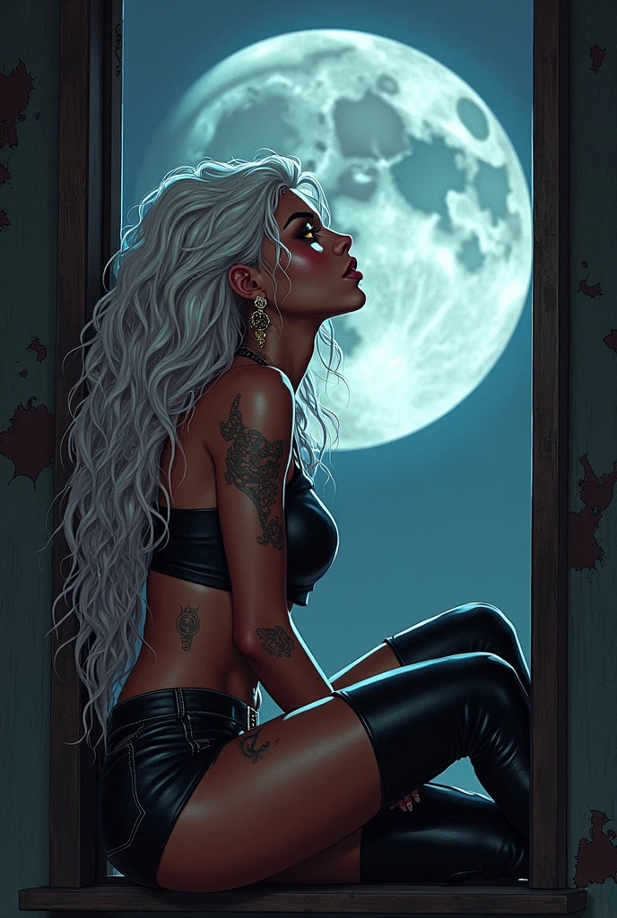 Painel Comic Marvel: A woman with tanned skin, long curly white hair, few tattoos, piercings no rosto e no umbigo, gold eyes, wearing punk style clothes, with her wearing a black top. Sitting in a Window Looking at the Moon.