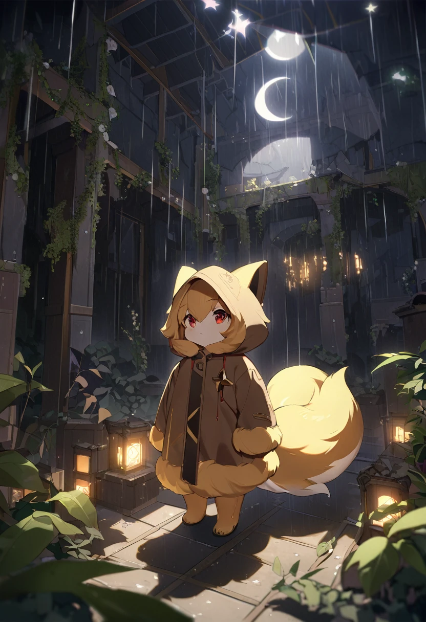 masterpiece, best quality, 4K，Ultra-delicate, Shota the fox, solo, Skin fur, Golden fur, Golden yellow face fur, Red eyes, Brown elements on fur, Brown coat brown hood up, Beautiful lights and shadows, Ambient light, Ultra-fine fur, natural  lighting, Fluffy tail, Dilapidated building, Plant elements in ruins, Night, starry sky, Shiny hair(moon full, meteors)Star cloud, Warm light source, Rained, wet clothes(overcast sky, Standing downpour)Extra-long sleeves, Purple and orange, Complicated details, Volumetric lighting, Dynamic configuration, luminous lighting, Atmospheric lighting, dream magical, magic, Glowing light,