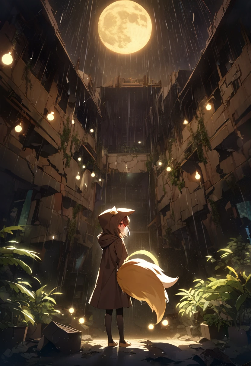 masterpiece, best quality, 4K，Ultra-delicate, Shota the fox, solo, Skin fur, Golden fur, Golden yellow face fur, Red eyes, Brown elements on fur, Brown coat brown hood up, Beautiful lights and shadows, Ambient light, Ultra-fine fur, natural  lighting, Fluffy tail, Dilapidated building, Plant elements in ruins, Night, starry sky, Shiny hair(moon full, meteors)Star cloud, Warm light source, Rained, wet clothes(overcast sky, Standing downpour)Extra-long sleeves, Purple and orange, Complicated details, Volumetric lighting, Dynamic configuration, luminous lighting, Atmospheric lighting, dream magical, magic, Glowing light,