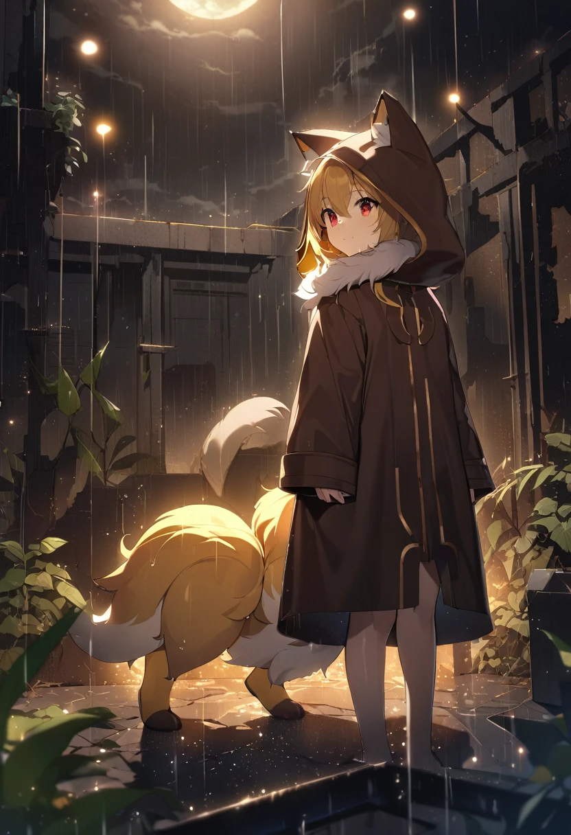 masterpiece, best quality, 4K，Ultra-delicate, Shota the fox, solo, Skin fur, Golden fur, Golden yellow face fur, Red eyes, Brown elements on fur, Brown coat brown hood up, Beautiful lights and shadows, Ambient light, Ultra-fine fur, natural  lighting, Fluffy tail, Dilapidated building, Plant elements in ruins, Night, starry sky, Shiny hair(moon full, meteors)Star cloud, Warm light source, Rained, wet clothes(overcast sky, Standing downpour)Extra-long sleeves, Purple and orange, Complicated details, Volumetric lighting, Dynamic configuration, luminous lighting, Atmospheric lighting, dream magical, magic, Glowing light,