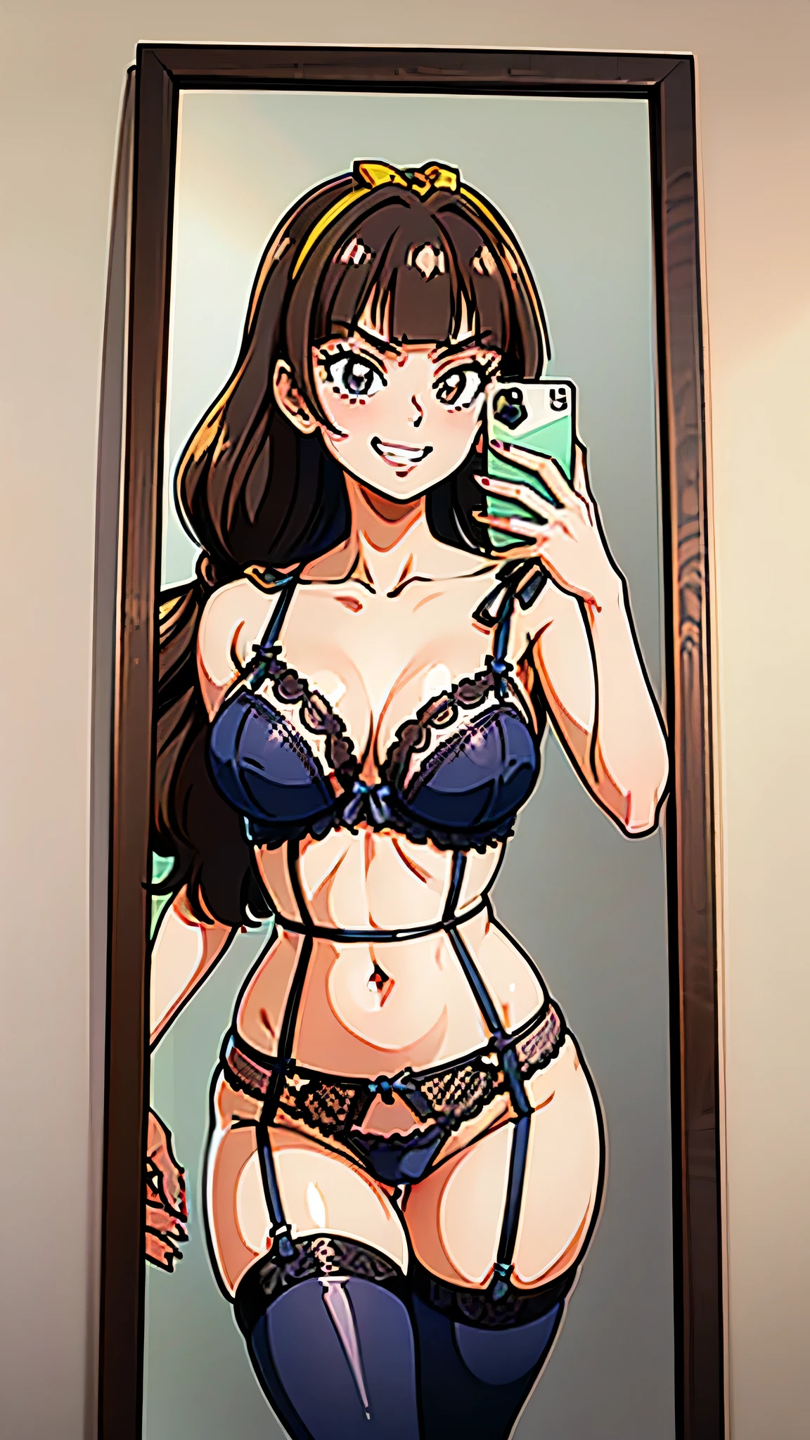 1 girl, (solo), ((amanogawaki)), best quality, highres, high quality, 8k, HD, super detail, anatomically correct, UHD, accurate, (masterpiece:1.2), (high quality:1.0), (ultra detailed), (Adult:1.2), (Mirror Background), (Smug Grin), selfie, mirror, edgHL_lingerie, wearing edgHL, Black Lingerie, Lace pattern