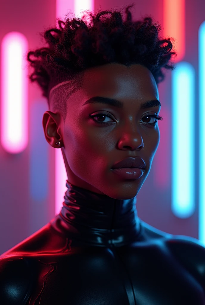black man, man, skinny, feminine looking man, no breasts, young, ?????, very curly hair, septum piercing, dimples, dominant expression, black latex bodysuit, neon lights, close-up, UHD, retina, masterpiece, accurate, anatomically correct, textured skin, super detail, high details, high quality, award winning, best quality, highres