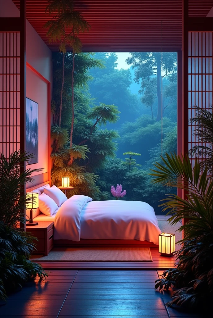 A spacious Japanese-style bedroom with lots of plants and neon lights at night, but without anyone in it.