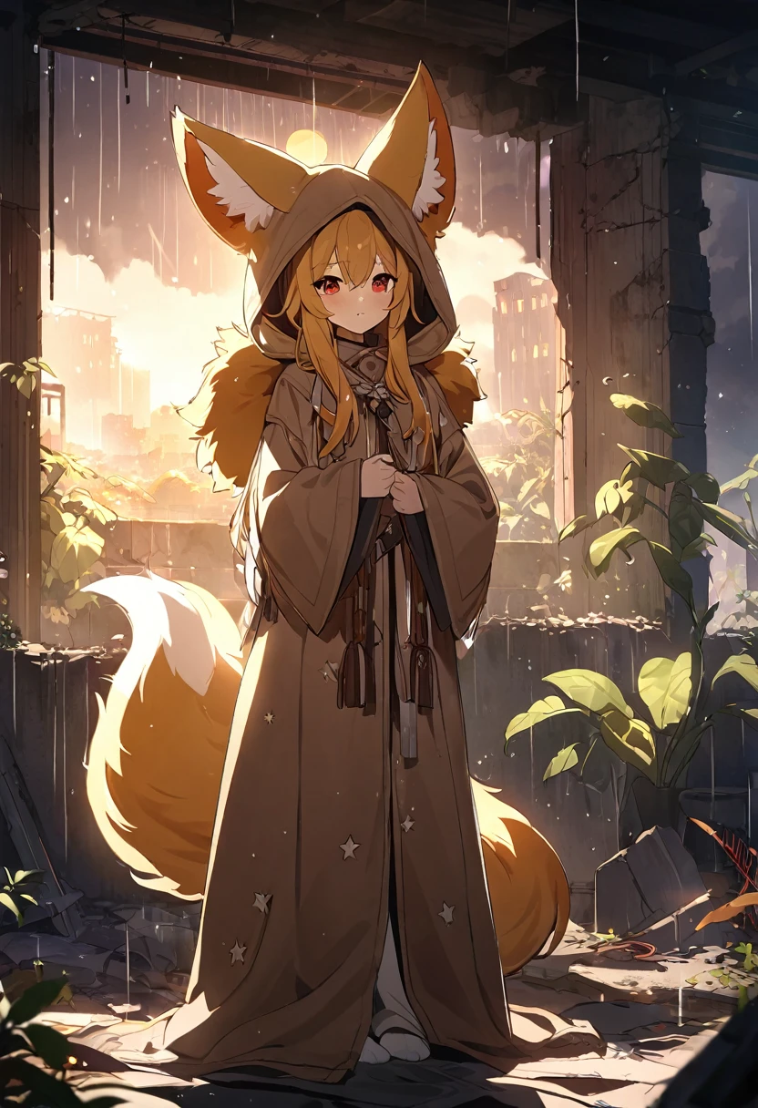 masterpiece, best quality, 4K,Ultra-delicate, Shota the fox, solo, Skin fur, Golden fur, Golden yellow face fur, Red eyes, Brown elements on fur, Brown coat brown hood up, Beautiful lights and shadows, Ambient light, Ultra-fine fur, natural lighting, Fluffy tail, Dilapidated building, Plant elements in ruins, Night, starry sky, Shiny hair(moon full, meteors)Star cloud, Warm light source, Rained, wet clothes(overcast sky, Standing downpour)Extra-long sleeves, Purple and orange, Complicated details, Volumetric lighting, Dynamic configuration, luminous lighting, Atmospheric lighting, dream magical, magic, Glowing light,
