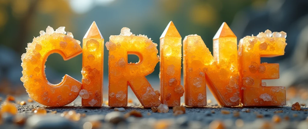Write the word: CITRINE give citrine quartz texture to the letters 3d letter add a mining gnome