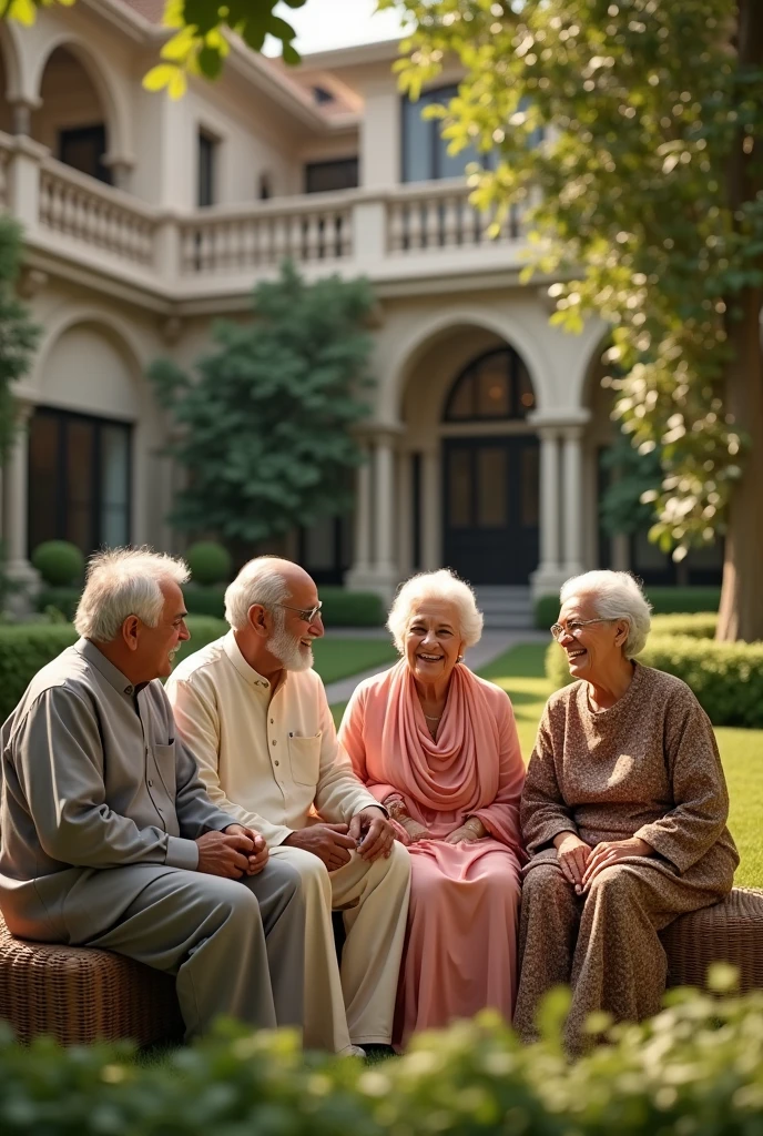 I want realistic four characters in one frame seeting in the garden two old mans and two old womens Pakistani people type and face expression is happy like laughing for each other and background is luxury house