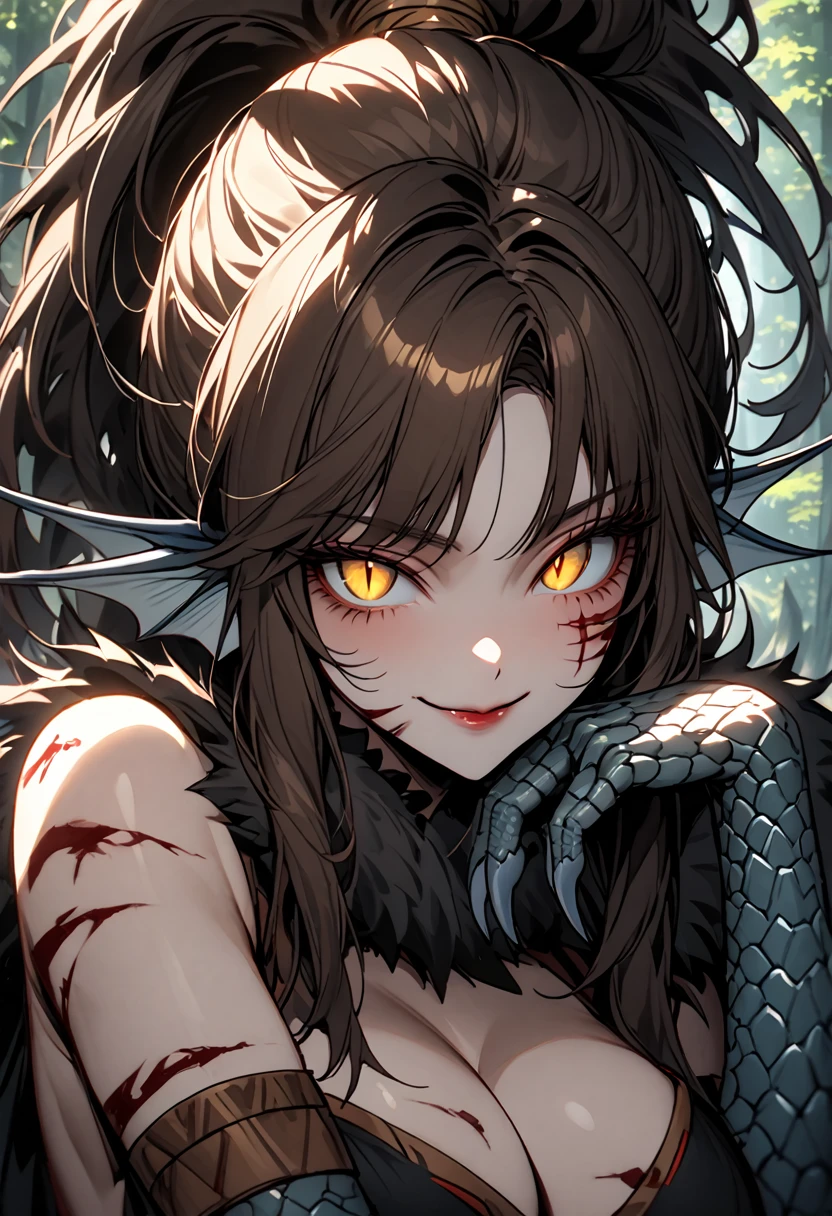 solo, female, tall, fit, broad shoulders, fit, light fair skin, long brown ponytail, scars, scar on face, yellow eyes, slit pupils, head fins, broad shoulders, scales on forearms, scale hands:1.3, forest, wood cabin, day, smile, close up, crocodilian tail, fur collar cape, close up, adventurer, tribal warrior, large :0.3, yandere, blood, pinup pose, berserker