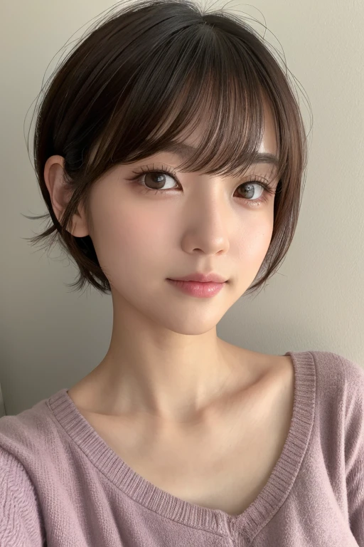 高品質in超リアルなポートレート。彼女は小さく繊細な顔立ちin、I have a slightly rounded face shape。Her expressive almond-shaped eyes have a gentle and warm gaze.、I have strong eyebrows。肌は無垢in透き通るような白さin、It has a natural shine。(Her hair is brown and pixie cut.:1.3)in、シンプルinエレガントに整えられています。メイクはナチュラルin、A light foundation and subtle blush、Uses a soft pink lip color。ライティングはソフトin自然な光を使用し、Accentuating facial features、Does not emphasize shadows。背景はシンプルinぼかしたグラデーションin、Focus on the face。