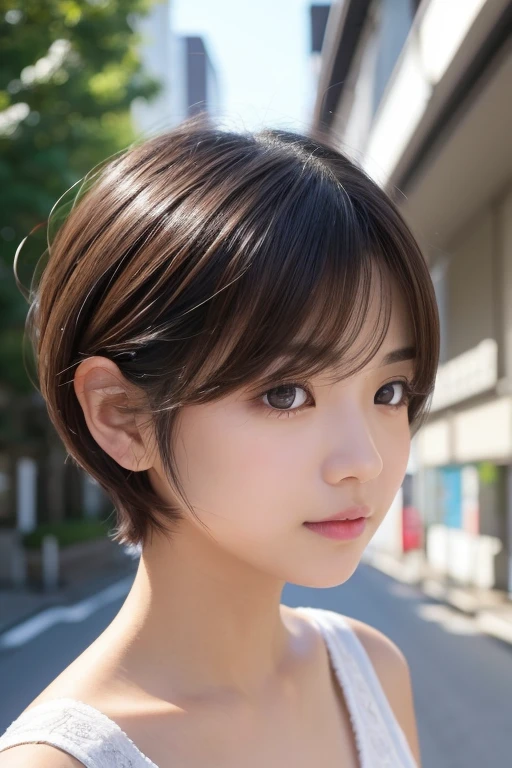 高品質in超リアルなポートレート。彼女は小さく繊細な顔立ちin、I have a slightly rounded face shape。Her expressive almond-shaped eyes have a gentle and warm gaze.、I have strong eyebrows。肌は無垢in透き通るような白さin、It has a natural shine。(Her hair is brown and pixie cut.:1.3)in、シンプルinエレガントに整えられています。メイクはナチュラルin、A light foundation and subtle blush、Uses a soft pink lip color。ライティングはソフトin自然な光を使用し、Accentuating facial features、Does not emphasize shadows。背景はシンプルinぼかしたグラデーションin、Focus on the face。