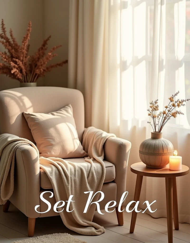 A calming and serene image designed to evoke a sense of relaxation and tranquility, perfect for promoting textile and ambient diffusers. The scene features a cozy, softly lit room with a plush armchair draped in a warm, neutral-toned throw blanket, and soft pillows inviting comfort. A small wooden table nearby holds a beautifully crafted diffuser emitting a gentle mist, surrounded by delicate dried flowers and a softly flickering candle. The air seems filled with soothing scents, suggested by the subtle glow and mist in the air. In the background, light streams through a large window with sheer curtains, illuminating the space with a natural, warm light that enhances the peaceful atmosphere. The phrase 'Set Relax' is elegantly written in a delicate, cursive font, positioned subtly in the lower corner of the image. The colors are soft and muted, with earthy tones and hints of pastel, creating an overall harmonious and inviting composition that draws the viewer into a state of calm and comfort