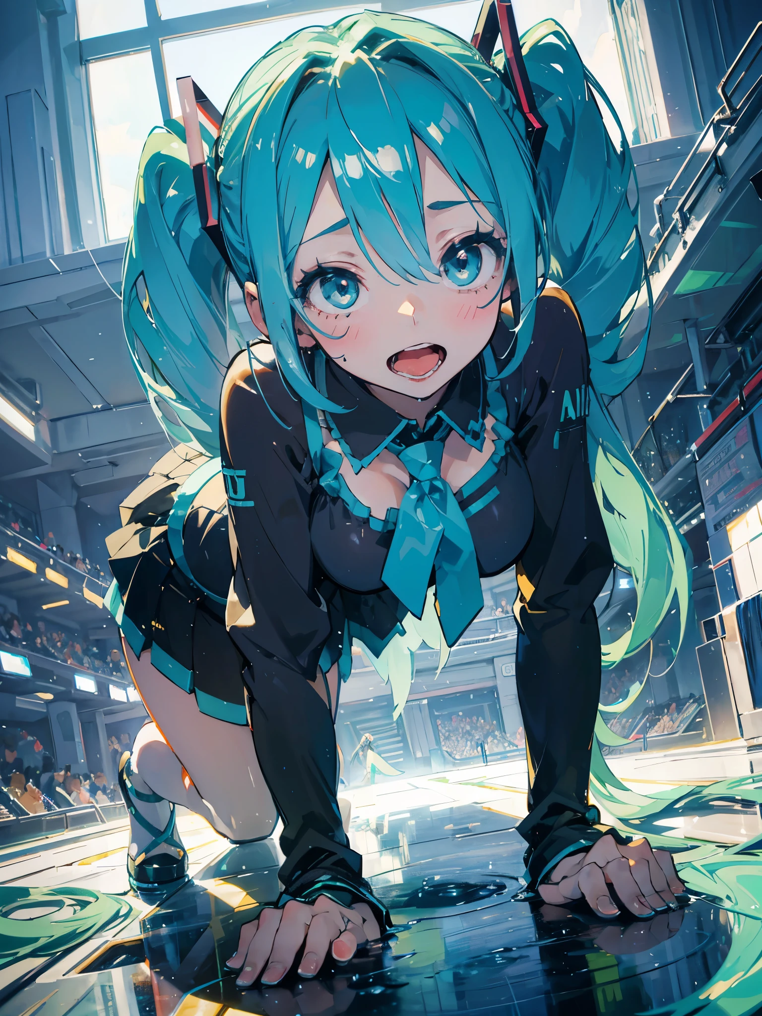 Hatsune miku, on all fours, big tits, showing the tongue, open mouth, sexy pose