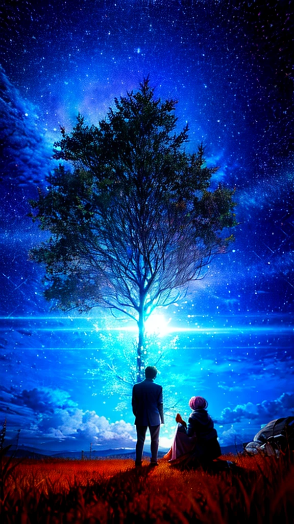 From below, Huge full moon, Big tree, Woman receiving a proposal, I listen shyly, A man kneeling in front of his girlfriend to confess his feelings, Man's back, Beautiful moonlight, Shading Effects, Gradient Magic Effect, Glitter effect, (Super detailed, The absolute solution, Highest quality:1.3), 2.5D, delicate and dynamic, Artistic photography, Ultra-realistic