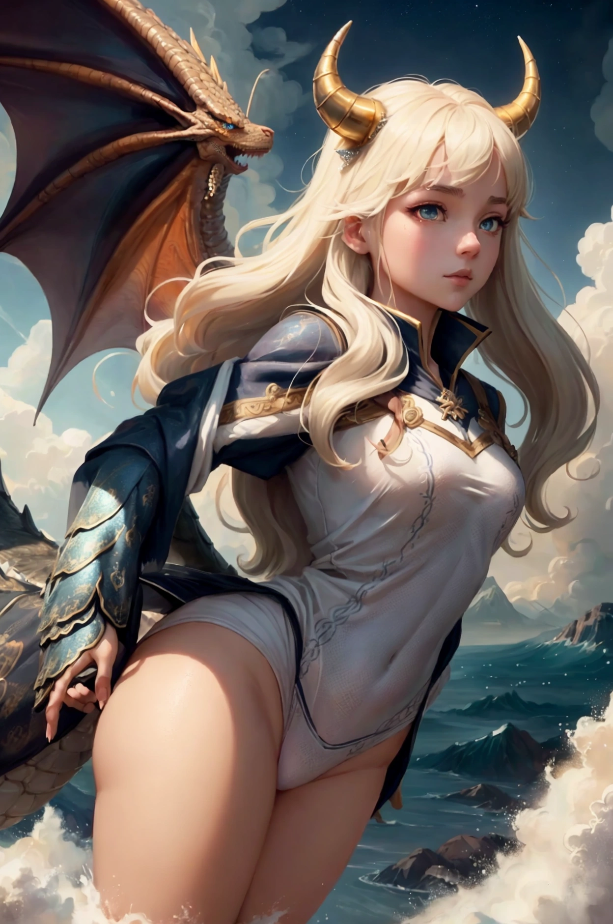Girl riding a dragon Japanese dragon、Long horned dragon、Long Bearded Dragon、Long body dragon、The girl who controls the dragon、Sailor suit girl、Rising to the sky