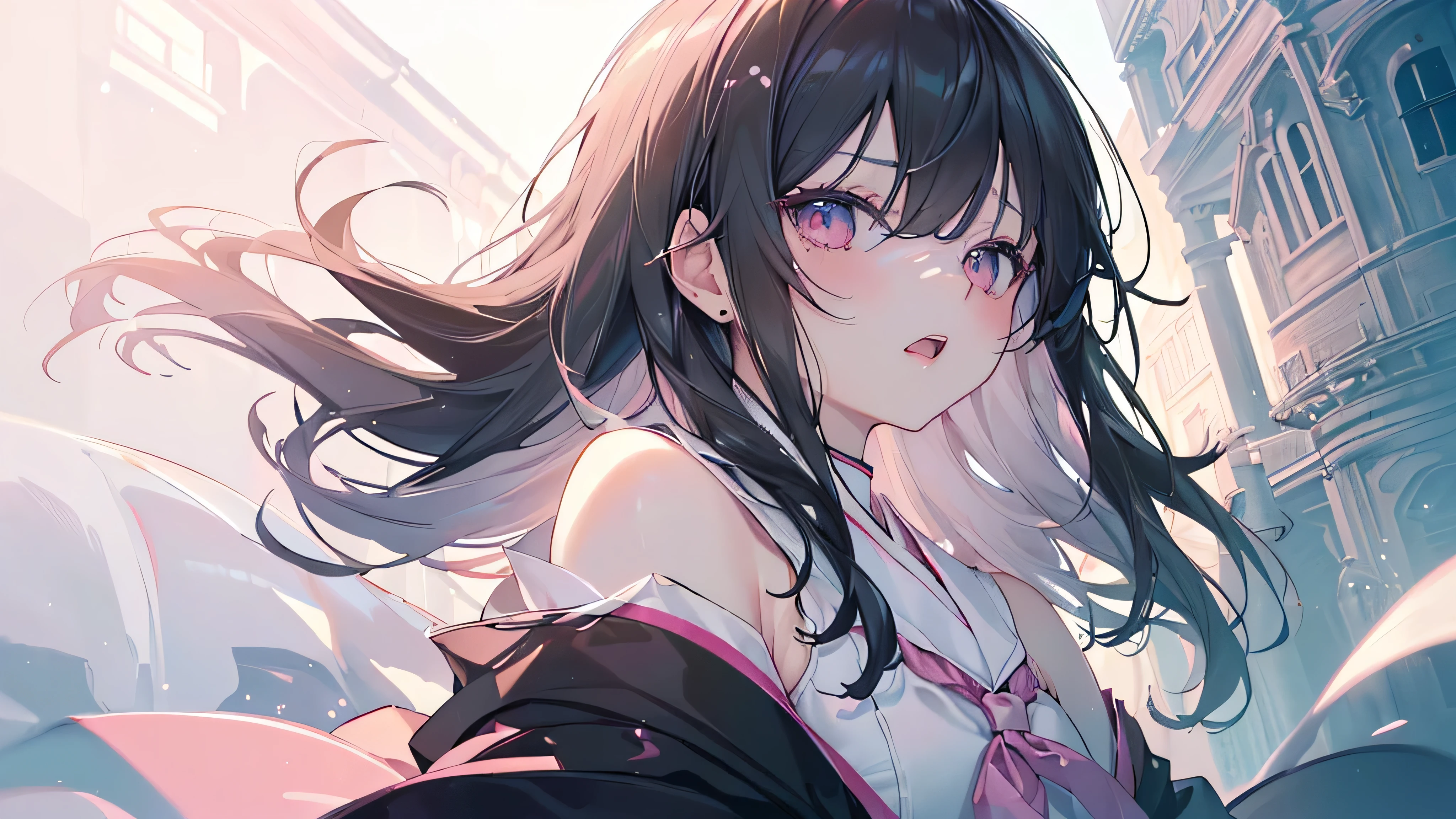 (Great impact,profile,Scream,,), ((Beautiful eyes,Highest qualityの目)), (((Serious,Scream,Angle from below,Black Hair,))), (((Highest quality、masterpiece、Ultra-fine、Ultra-fine、Exquisite、16K、Full HD,high school girl))) 、Long eyelashes、White skin、(thin and long)、 ((cute)) ((one person), (epic proportion,）、(Pale pink lips、Pale pink cheeks、thin and long)、Dynamic lighting,（Let the screams of your heart resonate, speak your true feelings out loud, don&#39;t worry about what others think, express your emotions as they are, a fresh wind will blow through your heart, and you&#39;ll take a new step forward.）