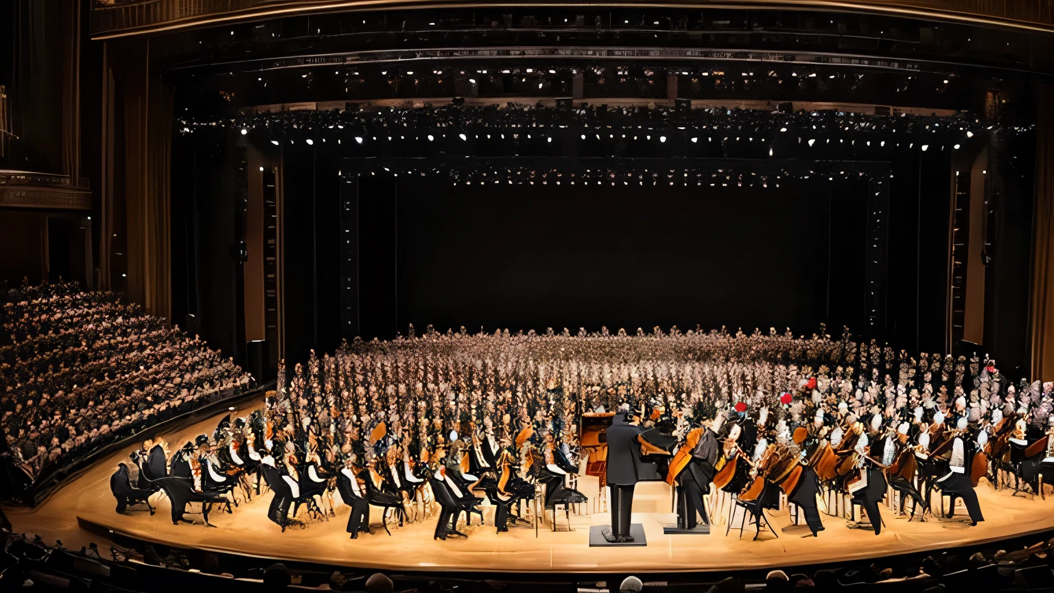 create the most beautiful theater in the world. on stage a full symphony orchestra, the biggest theater in the world, 8k , realisitic