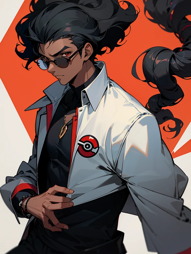 Image of a dark-skinned boy with curly black hair wearing black glasses, a white bracelet with black details and a red shirt and a long black jacket on top, with design based on the style of a pokemon trainer.