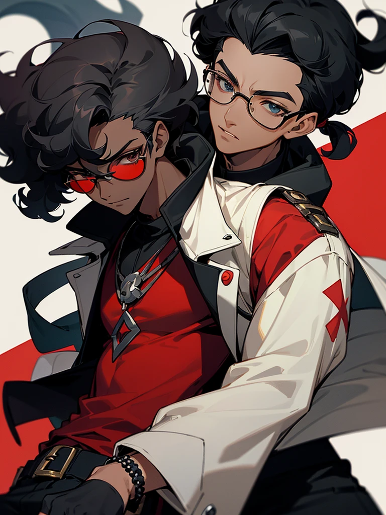Image of a dark-skinned boy with curly black hair wearing black glasses, a white bracelet with black details and a red shirt and a long black jacket on top, with design based on the style of a pokemon trainer.
