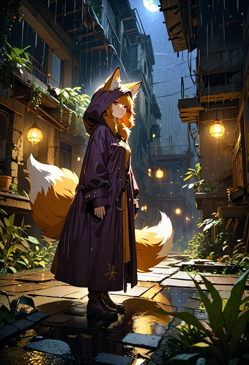 masterpiece, best quality, 4K，Ultra-delicate, Shota the fox, solo, Skin fur, Golden fur, Golden yellow face fur, Red eyes, Brown elements on fur, Brown coat brown hood up, Beautiful lights and shadows, Ambient light, Ultra-fine fur, natural  lighting, Fluffy tail, Dilapidated building, Plant elements in ruins, Night, starry sky, Shiny hair(moon full, meteors)Star cloud, Warm light source, Rained, wet clothes(overcast sky, Standing downpour)Extra-long sleeves, Purple and orange, Complicated details, Volumetric lighting, Dynamic configuration, luminous lighting, Atmospheric lighting, dream magical, magic, Glowing light,