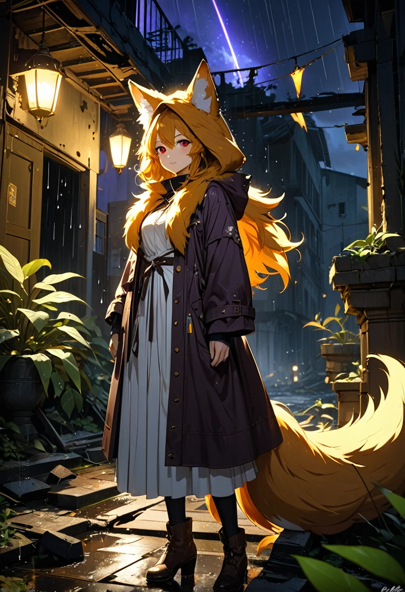 masterpiece, best quality, 4K,Ultra-delicate, Shota the fox, solo, Skin fur, Golden fur, Golden yellow face fur, Red eyes, Brown elements on fur, Brown coat brown hood up, Beautiful lights and shadows, Ambient light, Ultra-fine fur, natural lighting, Fluffy tail, Dilapidated building, Plant elements in ruins, Night, starry sky, Shiny hair(moon full, meteors)Star cloud, Warm light source, Rained, wet clothes(overcast sky, Standing downpour)Extra-long sleeves, Purple and orange, Complicated details, Volumetric lighting, Dynamic configuration, luminous lighting, Atmospheric lighting, dream magical, magic, Glowing light,
