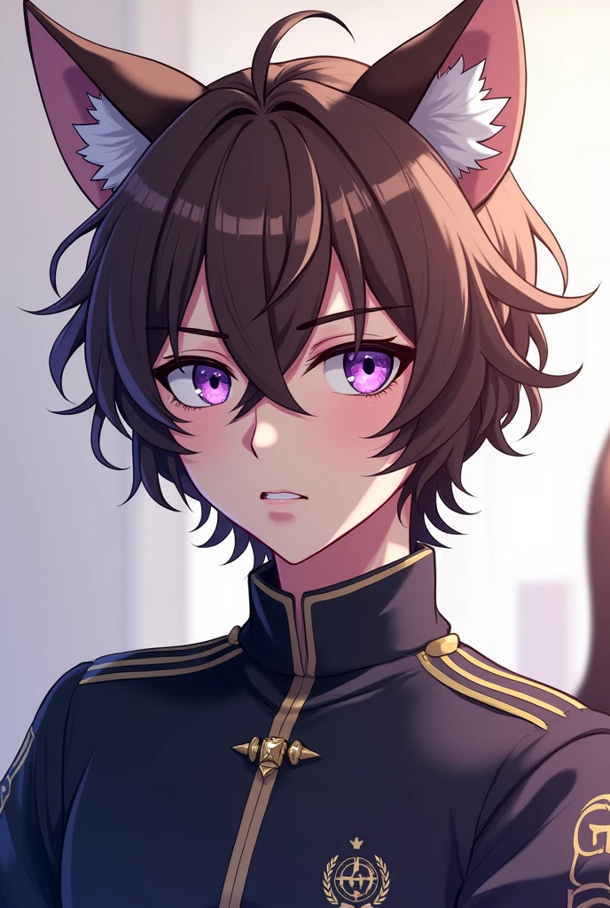 Tokyo revengers screenshot. Boy with medium wavy and long brown hair, has purple eyes, with cat ears in her hair, and has a serious expression. He is wearing the uniform of the takeover